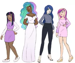 Size: 1413x1192 | Tagged: safe, artist:unicorngutz, derpibooru import, princess cadance, princess celestia, princess luna, twilight sparkle, human, alternate hairstyle, belt, clothes, dark skin, diversity, dress, feet, female, grin, group, high heels, humanized, image, jeans, jewelry, lipstick, makeup, mary janes, necklace, pants, png, royal sisters, sandals, shirt, shoes, siblings, simple background, sisters, skirt, smiling, socks, step-siblings, stockings, sweater, thigh highs, white background