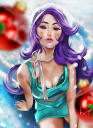 Size: 1164x1600 | Tagged: suggestive, artist:bunsogen, derpibooru import, edit, starlight glimmer, human, breasts, christmas, cleavage, freckles, hat, holiday, humanized, image, jpeg, light skin, santa hat, snow, solo, trace