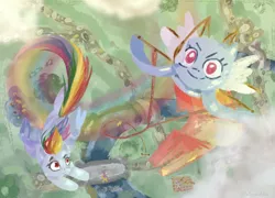 Size: 1280x922 | Tagged: safe, artist:colorochka, derpibooru import, rainbow dash, scootaloo, pegasus, pony, chase, cloud, female, flying, image, kite, looking at something, looking up, mare, outdoors, png, rainbow dash is a kite, river, solo focus, spread wings, top down, vertigo, wings