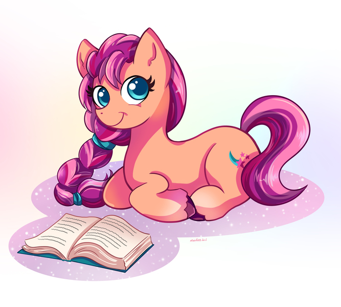 Size: 4500x4050 | Tagged: safe, artist:autumn rush, derpibooru import, sunny starscout, earth pony, pony, absurd resolution, book, braid, colored pupils, cute, female, g5, image, jpeg, looking at you, lying down, mare, ponyloaf, prone, solo, sunnybetes, unshorn fetlocks