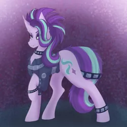 Size: 2048x2048 | Tagged: safe, artist:lunathemoongod, derpibooru import, starlight glimmer, pony, unicorn, belts, collar, ear piercing, earring, edgelight glimmer, gameloft, goth, image, jewelry, jpeg, lip piercing, makeup, piercing, punk, simple background, solo