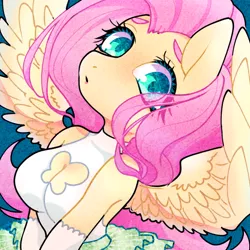 Size: 640x640 | Tagged: safe, artist:bbtasu, derpibooru import, fluttershy, anthro, boob window, breasts, busty fluttershy, cleavage, cleavage window, cute, eye clipping through hair, female, image, looking at you, png, shyabetes, solo, thick eyebrows