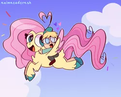 Size: 1000x800 | Tagged: safe, artist:rubyg242, derpibooru import, fluttershy, pegasus, pony, butters stotch, crossover, flying, humans riding ponies, image, png, riding, south park