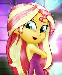 Size: 2500x3000 | Tagged: safe, artist:aryatheeditor, derpibooru import, sunset shimmer, equestria girls, bare shoulders, beautiful, beautisexy, canterlot high, clothes, cute, digital art, dress, female, geode of empathy, glitter, glow, image, jpeg, looking at you, magical geodes, outfit, party, photo, shimmerbetes, sleeveless, smiling, smiling at you, solo, sunset shimmer day