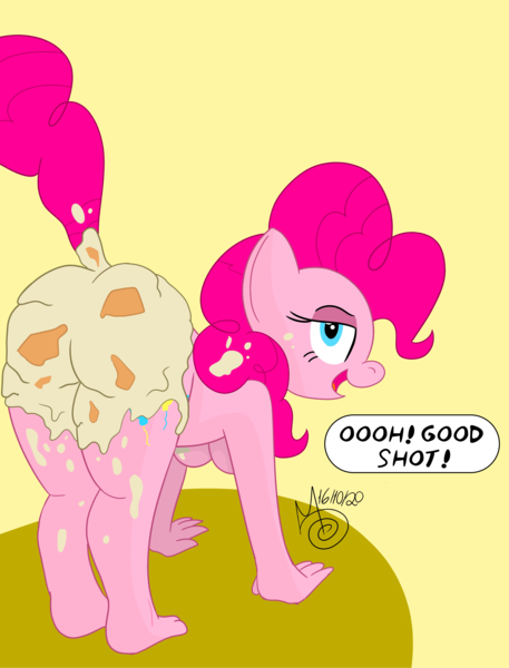 Size: 10526x13807 | Tagged: suggestive, artist:sebaku, derpibooru import, pinkie pie, anthro, plantigrade anthro, all fours, ass, balloonbutt, breasts, busty pinkie pie, butt, chubby, dialogue, food, image, messy, nudity, pie, pied, png, solo, underboob, wet and messy