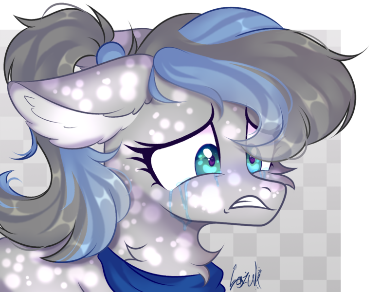 Size: 1384x1061 | Tagged: safe, artist:lazuli0209, derpibooru import, oc, oc:scotia, unofficial characters only, earth pony, pony, bust, chest fluff, clothes, commission, earth pony oc, eyelashes, floppy ears, headscarf, image, neckerchief, png, scarf, signature, simple background, solo, transparent background, worried, ych result