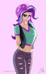 Size: 1200x1920 | Tagged: safe, artist:cherrymocaccino, artist:zuko42, derpibooru import, starlight glimmer, art pack:music album 'e.g.8 themes', equestria girls, arm behind back, belly button, cap, clothes, hand on hip, hat, image, jeans, looking at you, pants, png, shirt, solo, vest