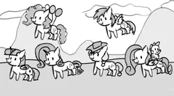 Size: 4488x2480 | Tagged: safe, artist:nire, derpibooru import, applejack, fluttershy, pinkie pie, rainbow dash, rarity, spike, twilight sparkle, twilight sparkle (alicorn), alicorn, pony, balloon, black and white, floating, grayscale, happy birthday mlp:fim, image, mane seven, mane six, mlp fim's tenth anniversary, monochrome, png, sketch, then watch her balloons lift her up to the sky