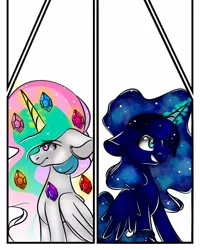 Size: 1080x1350 | Tagged: safe, alternate version, artist:tessa_key_, derpibooru import, princess celestia, princess luna, alicorn, pony, bust, colored, crystal, duo, ethereal mane, eyelashes, female, galaxy mane, glowing horn, grin, horn, image, jpeg, mare, siblings, simple background, sisters, smiling, white background, wings