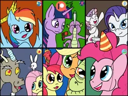 Size: 600x450 | Tagged: safe, artist:tunrae, derpibooru import, angel bunny, apple bloom, applejack, big macintosh, discord, fluttershy, granny smith, pinkie pie, rainbow dash, rarity, spike, sweetie belle, twilight sparkle, alicorn, draconequus, earth pony, pegasus, pony, rabbit, unicorn, animal, breaking the fourth wall, clothes, female, hat, icon, image, male, mane seven, mane six, party, party hat, party whistle, patreon, patreon logo, png, simple background, sleeping, uniform, wonderbolts uniform