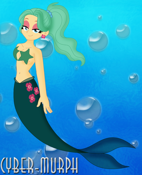 Size: 1772x2192 | Tagged: safe, artist:cyber-murph, derpibooru import, garden grove, mermaid, starfish, equestria girls, equestria girls series, friendship games, background human, belly, belly button, bellyring, breasts, bubble, crystal prep shadowbolts, ear piercing, earring, flowing hair, image, jewelry, lidded eyes, mermaidized, midriff, piercing, png, signature, species swap, starfish bra, underwater