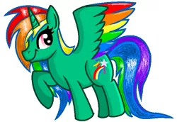 Size: 613x421 | Tagged: safe, artist:maverickmam, derpibooru import, oc, oc:rainbow dust, unofficial characters only, alicorn, pony, alicorn oc, horn, image, multicolored hair, png, rainbow hair, raised hoof, simple background, smiling, white background, wings