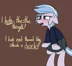 Size: 2700x2496 | Tagged: safe, artist:pinkberry, derpibooru import, oc, oc:winter azure, unofficial characters only, earth pony, pony, bipedal, braces, clothes, colt, crossdressing, crying, femboy, foal, girly, image, jacket, lisp, male, necktie, png, school uniform, skirt, solo, speech, talking, text, trap