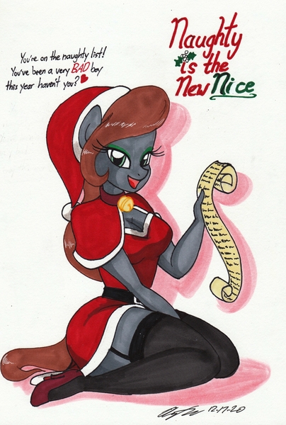 Size: 1986x2950 | Tagged: safe, artist:newyorkx3, derpibooru import, oc, oc:casey, anthro, anthro oc, breasts, christmas, cleavage, clothes, collar, costume, garter belt, hat, high heels, holiday, image, jpeg, legs, santa costume, santa hat, shoes, stockings, thigh highs