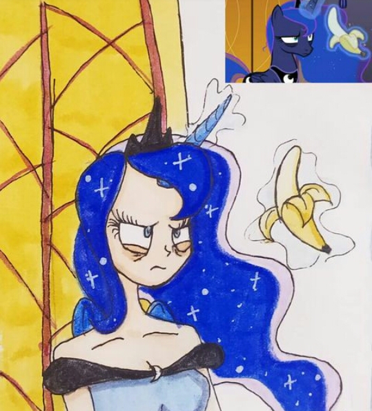 Size: 539x596 | Tagged: safe, artist:lunaart, derpibooru import, screencap, princess luna, alicorn, human, pony, a royal problem, alicorn humanization, bags under eyes, banana, bare shoulders, breasts, cleavage, cute, female, food, glowing horn, horn, horned humanization, humanized, image, jpeg, luna is not amused, lunabetes, magic, magic aura, scene interpretation, solo, tired eyes, unamused, winged humanization, wings