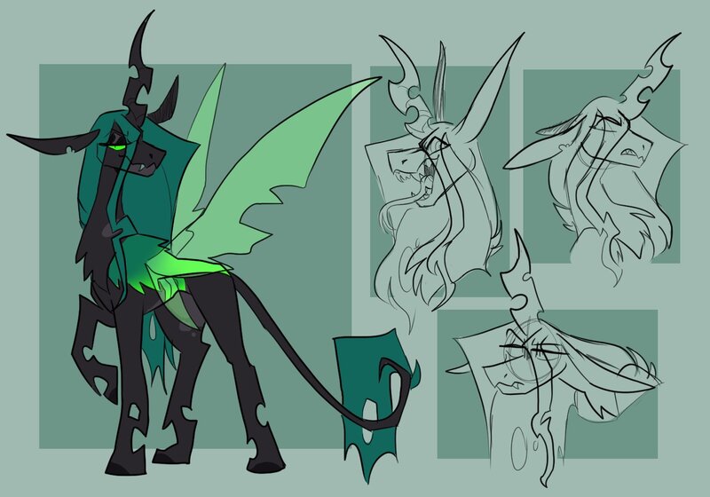 Size: 1429x1000 | Tagged: safe, artist:rockin_candies, derpibooru import, queen chrysalis, changeling, changeling queen, fangs, female, forked tongue, green background, horn, image, jpeg, open mouth, simple background, sketch, slit pupils, solo, spread wings, swirly eyes, teeth, tongue out, wings