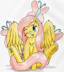 Size: 2752x3111 | Tagged: safe, artist:40kponyguy, derpibooru import, fluttershy, pegasus, pony, :p, bunny sitting, chest fluff, cute, cutie mark background, daaaaaaaaaaaw, derpibooru exclusive, ear fluff, female, head tilt, image, jpeg, mare, one eye closed, shyabetes, simple background, solo, spread wings, tongue out, traditional art, underhoof, wings, wink