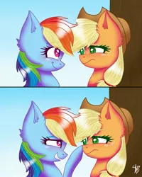 Size: 2213x2761 | Tagged: safe, artist:galaxy swirl, derpibooru import, applejack, rainbow dash, earth pony, pegasus, pony, appledash, applejack is not amused, boop, cute, dashabetes, female, high res, image, jackabetes, jpeg, lesbian, shipping, unamused