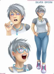 Size: 1700x2334 | Tagged: safe, artist:melisaongmiqin, derpibooru import, silver spoon, human, alternate hairstyle, clothes, converse, glasses, glasses off, humanized, image, jewelry, jpeg, laughing, makeup, necklace, older, older silver spoon, pearl necklace, reference sheet, shoes, short hair, very short hair