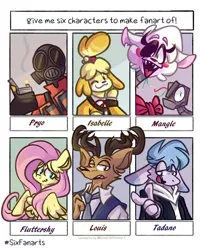 Size: 1280x1529 | Tagged: safe, artist:pegasusvixen, derpibooru import, fluttershy, anthro, deer, dog, human, pegasus, pony, six fanarts, aggretsuko, animatronic, anthro with ponies, antlers, beastars, bust, clothes, crossover, female, five nights at freddy's, gas mask, image, isabelle, jpeg, lighter, louis (beastars), male, mangle, mare, mask, necktie, one eye closed, pyro, shih tzu, smiling, team fortress 2, wink
