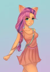 Size: 1226x1748 | Tagged: safe, artist:dzyxchan, derpibooru import, sunny starscout, anthro, g5, ambiguous facial structure, badge, bag, braid, breasts, busty sunny starscout, clothes, female, gradient background, image, png, skirt, solo