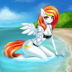 Size: 2000x2000 | Tagged: suggestive, artist:yutakira92, derpibooru import, oc, oc:diamond sun, unofficial characters only, anthro, pegasus, plantigrade anthro, pony, anthro oc, beach, bikini, breasts, clothes, commission, female, image, jpeg, kneeling, mare, pegasus oc, sky, solo, solo female, spread wings, swimsuit, water, wings, ych result
