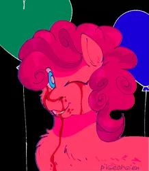 Size: 669x768 | Tagged: semi-grimdark, alternate version, artist:pigeorgien, derpibooru import, pinkie pie, earth pony, pony, balloon, blood, blood fetish, creepy, creepy pie, crying, female, image, looking at you, mare, one eye closed, png, smiling, solo, tears of blood, terrifying, wink, winking at you
