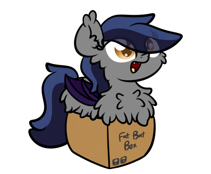 Size: 3250x2688 | Tagged: safe, artist:kimjoman, derpibooru import, part of a set, oc, oc:echo, unofficial characters only, bat pony, pony, :d, bat pony oc, bat wings, behaving like a cat, box, chest fluff, commission, cute, digital art, eye clipping through hair, fangs, female, fluffy, if i fits i sits, image, impossibly large chest fluff, looking at you, mare, open mouth, png, pony in a box, simple background, solo, tail, transparent background, wings, ych result