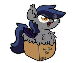 Size: 3250x2688 | Tagged: safe, artist:kimjoman, derpibooru import, part of a set, oc, oc:echo, unofficial characters only, bat pony, pony, :d, bat pony oc, bat wings, behaving like a cat, box, chest fluff, commission, cute, digital art, eye clipping through hair, fangs, female, fluffy, if i fits i sits, image, impossibly large chest fluff, looking at you, mare, open mouth, png, pony in a box, simple background, solo, tail, transparent background, wings, ych result