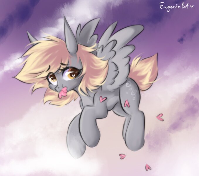 Size: 1350x1193 | Tagged: safe, artist:hydrargyrum, derpibooru import, derpy hooves, pegasus, pony, cute, derpabetes, female, flying, heart, image, jpeg, looking at you, mare, mouth hold, solo, spread wings, wings