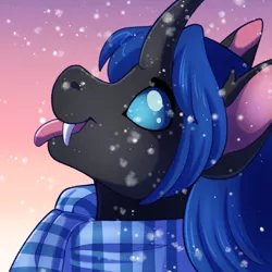 Size: 1000x1000 | Tagged: safe, artist:strawberryneko, derpibooru import, oc, oc:swift dawn, unofficial characters only, changeling, blue changeling, blue eyes, blue scarf, bust, catching snowflakes, changeling oc, clothes, cute, fangs, gradient background, horn, icon, image, looking up, png, portrait, scarf, simple background, snow, snowfall, sunset, tongue out, winter
