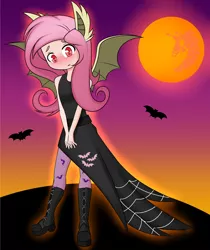 Size: 2600x3100 | Tagged: safe, artist:caoscore, derpibooru import, fluttershy, bat pony, human, bat ponified, blushing, boots, clothes, costume, eared humanization, fake ears, fake wings, flutterbat, flutterbat costume, halloween, holiday, humanized, image, mare in the moon, moon, png, race swap, shoes, socks, stockings, thigh highs, winged humanization, wings