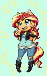Size: 1272x2053 | Tagged: safe, artist:ameliacostanza, derpibooru import, sunset shimmer, equestria girls, breasts, busty sunset shimmer, chibi, cleavage, clothes, cute, devil horn (gesture), digital art, female, image, jeans, jpeg, open mouth, pants, ponied up, pony ears, ripped jeans, shimmerbetes, smiling, solo, tail