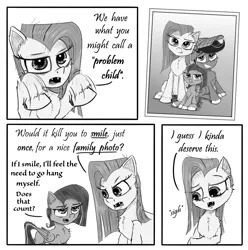 Size: 2400x2416 | Tagged: semi-grimdark, artist:chopsticks, derpibooru import, pinkie pie, oc, oc:chopsticks, oc:cookie cutter, pegasus, pony, comic:wtb is this?, air quotes, ask cookie cutter, awkward smile, cheek fluff, chest fluff, chipped tooth, comic, dialogue, ear fluff, family photo, female, foal, frown, hat, image, karma, male, mother and child, mother and daughter, pinkamena diane pie, png, sigh, smiling, stallion, text, unshorn fetlocks