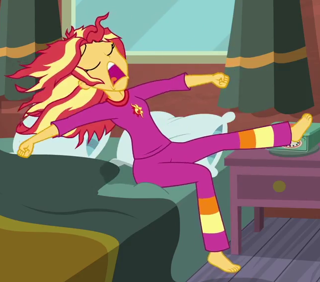 Size: 644x567 | Tagged: safe, derpibooru import, screencap, sunset shimmer, eqg summertime shorts, equestria girls, monday blues, barefoot, clothes, cropped, feet, image, pajamas, png, solo, yawn