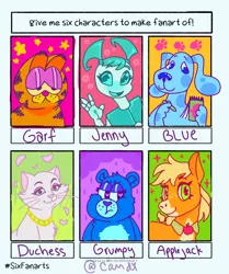 Size: 858x1024 | Tagged: safe, artist:candixgarden, derpibooru import, applejack, cat, dog, earth pony, pony, robot, six fanarts, bedroom eyes, blue's clues, bust, care bears, crossover, female, garfield, image, jenny wakeman, jewelry, mare, my life as a teenage robot, necklace, png, smiling, the aristocats