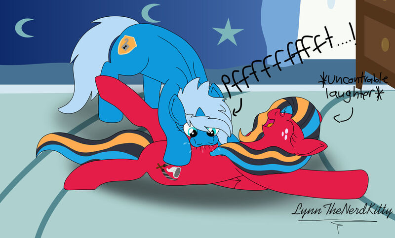 Size: 1280x772 | Tagged: safe, artist:lynnthenerdkitty, derpibooru import, manebooru import, oc, ponified, unofficial characters only, earth pony, pegasus, pony, unicorn, g4, chromia, eyes closed, image, jpeg, laughing, onomatopoeia, raspberry, raspberry noise, spittle, tickling, tongue out, transformers, tummy buzz, windblade