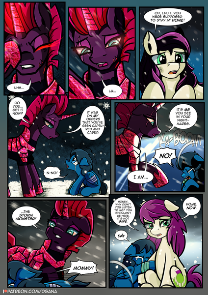 Size: 2480x3508 | Tagged: safe, artist:dsana, derpibooru import, fizzlepop berrytwist, tempest shadow, oc, oc:lullaby dusk, oc:thistledown, earth pony, pegasus, pony, unicorn, comic:a storm's lullaby, armor, bandage, bandaged leg, bandaged wing, comic, crying, crystal armor, female, filly, glowing eyes, high res, image, lightning, mare, png, sad, scar, snow, snowfall, tempest gets her horn back, wings