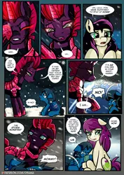 Size: 2480x3508 | Tagged: safe, artist:dsana, derpibooru import, fizzlepop berrytwist, tempest shadow, oc, oc:lullaby dusk, oc:thistledown, earth pony, pegasus, pony, unicorn, comic:a storm's lullaby, armor, bandage, bandaged leg, bandaged wing, comic, crying, crystal armor, female, filly, glowing eyes, high res, image, lightning, mare, png, sad, scar, snow, snowfall, tempest gets her horn back, wings