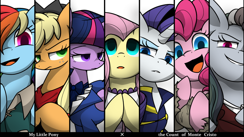 Size: 3843x2160 | Tagged: safe, alternate version, artist:geraritydevillefort, derpibooru import, applejack, fluttershy, pinkie pie, rainbow dash, rarity, twilight sparkle, the count of monte rainbow, abbé faria, danglajacks, danglars, edmond dantes, high res, image, mane six, mercedes, mondego, monsparkle, pinkie faria, png, rainbow dantes, rarifort, shycedes, the count of monte cristo, villefort