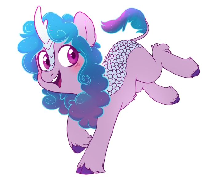 Size: 1819x1567 | Tagged: safe, artist:pucksterv, derpibooru import, izzy moonbow, kirin, cute, g5, g5 to g4, image, jumping, kirinified, png, simple background, solo, species swap, transparent background