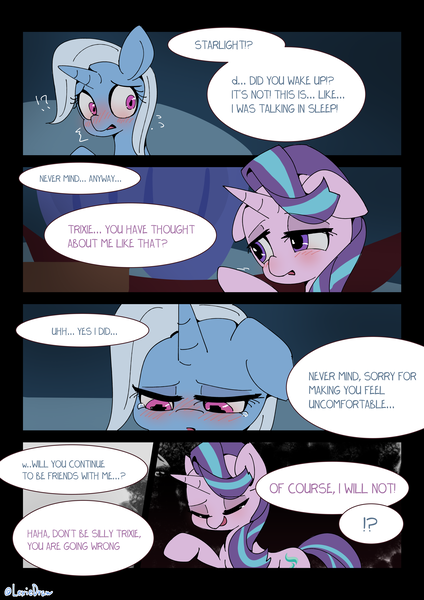 Size: 3035x4299 | Tagged: safe, artist:lexiedraw, derpibooru import, starlight glimmer, trixie, pony, unicorn, blushing, comic, dialogue, drunk, drunker glimmer, eyes closed, female, high res, image, lesbian, lidded eyes, looking down, mare, nervous, open mouth, png, shipping, smiling, smug, startrix