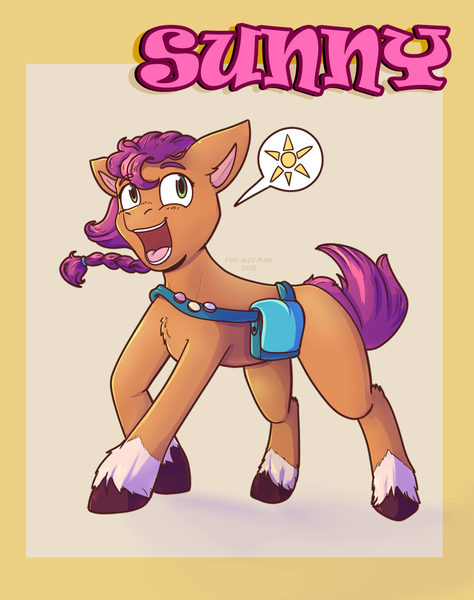 Size: 1206x1528 | Tagged: safe, artist:drjoshfox, derpibooru import, sunny starscout, earth pony, pony, abstract background, badge, bag, braid, chest fluff, female, g5, image, mare, open mouth, png, solo, text, unshorn fetlocks