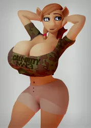 Size: 2714x3814 | Tagged: suggestive, artist:more-useless-source, derpibooru import, oc, oc:cream heart, anthro, 3d, arm behind head, belly button, big breasts, blender, breasts, busty cream heart, call of duty, camouflage, cleavage, clothes, female, huge breasts, image, jpeg, midriff, milf, shirt, shorts, solo, solo female, wide eyes