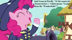 Size: 1280x720 | Tagged: safe, derpibooru import, edit, edited screencap, screencap, flare de mare, general firefly, pinkie pie, rarity, testing testing 1-2-3, ancient wonderbolts uniform, cannon, clothes, image, old english, png, ponyville, uniform