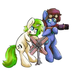 Size: 2504x2612 | Tagged: safe, artist:maxisb8, artist:sugar morning, derpibooru import, oc, oc:bizarre song, oc:vinyl mix, unofficial characters only, pegasus, pony, unicorn, apex legends, bipedal, broken horn, cape, clothes, cutie mark, female, gun, happy, horn, image, jewelry, male, necklace, png, shotgun, simple background, solo, standing, transparent background, turret, weapon