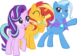 Size: 1920x1394 | Tagged: safe, artist:alexdti, derpibooru import, starlight glimmer, sunset shimmer, trixie, unicorn, cape, clothes, group, image, magical trio, png, simple background, transparent background, trixie's cape