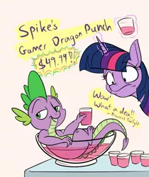 Size: 955x1136 | Tagged: safe, artist:rocket-lawnchair, derpibooru import, edit, spike, twilight sparkle, twilight sparkle (alicorn), alicorn, dragon, pony, belle delphine, gamer girl bath water, image, jpeg, male, reference, spiked punch