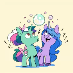 Size: 1656x1656 | Tagged: safe, artist:kylesmeallie, derpibooru import, fizzy, izzy moonbow, pony, unicorn, bow, bubble, exclamation point, female, g1, g5, hair bow, image, jpeg, look up, looking up, open mouth, question mark, simple background, tail bow, white background