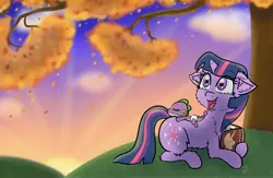 Size: 3840x2500 | Tagged: safe, artist:shinycyan, derpibooru import, spike, twilight sparkle, dragon, pony, unicorn, autumn, baby, baby dragon, baby spike, book, bookhorse, cute, ear fluff, falling leaves, female, happy, hill, image, jpeg, leaves, lying down, male, spikabetes, sunset, tree, twiabetes, unicorn twilight, younger